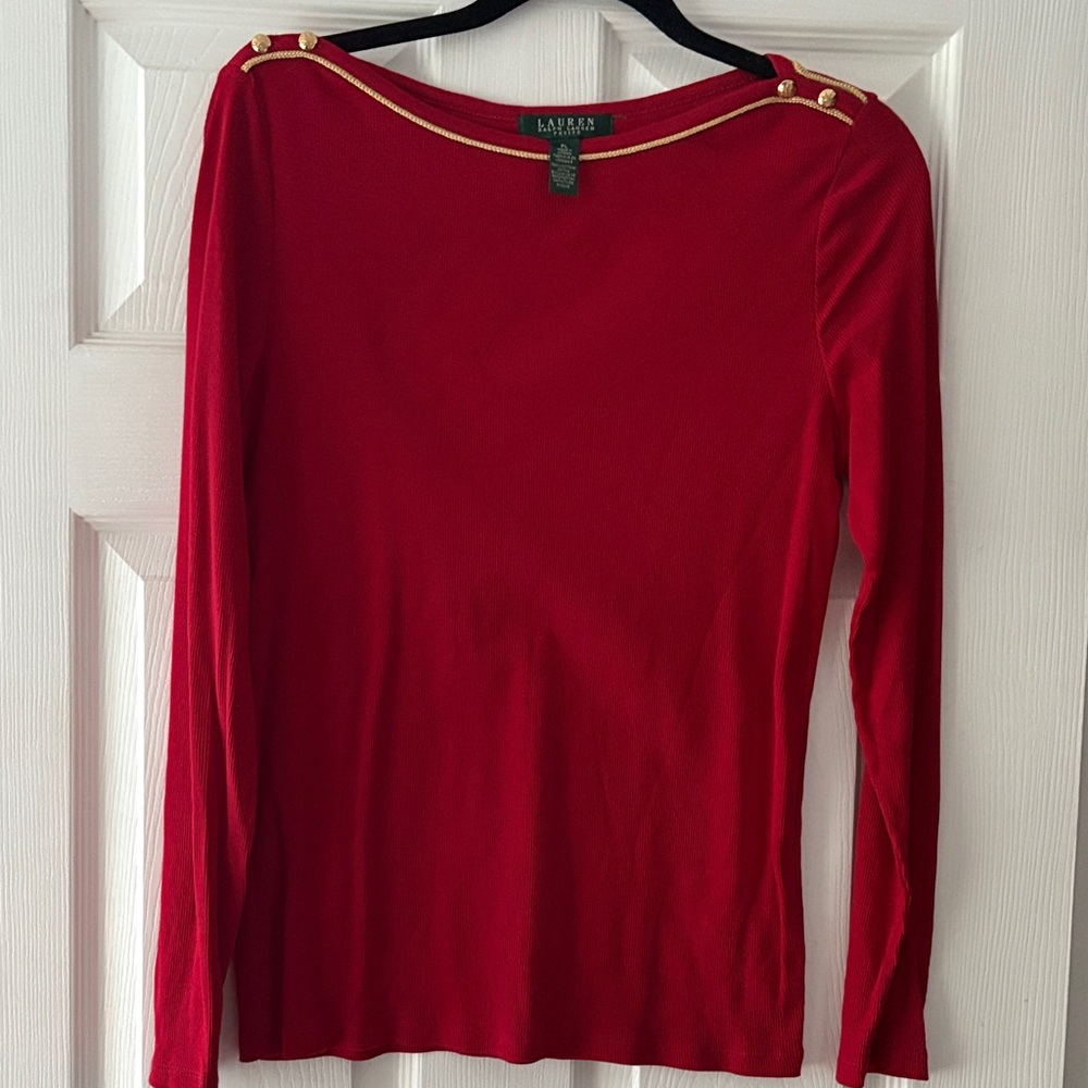 Lauren Ralph Lauren petite large Red long sleeve shirt with Gold Accents excl